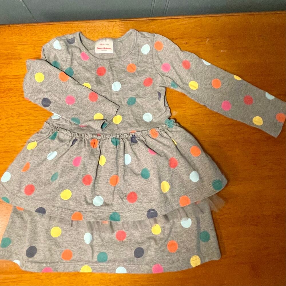 Hanna Andersson 4T Gray Rainbow Polka Dot Tiered Knit Long Sleeve Dress EUC